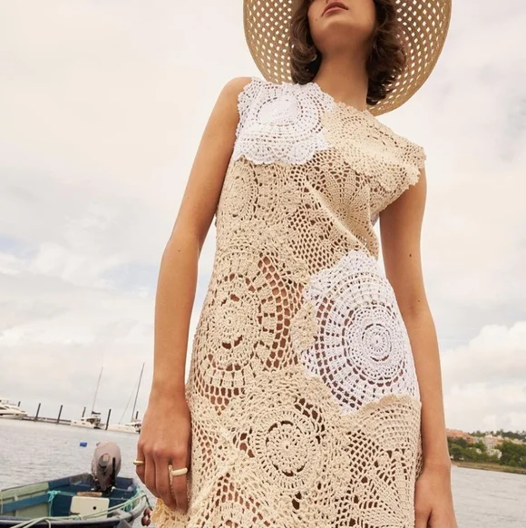 RARE ZARA LIMITED EDITION NWT CROCHET KNIT ASYMMETRICAL DRESS  Beige - Picture 4 of 13